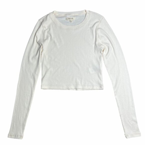 Madewell Fine Ribbed Supercrop Crewneck Ivory Long-Sleeve Tee Size Medium - Picture 8 of 10